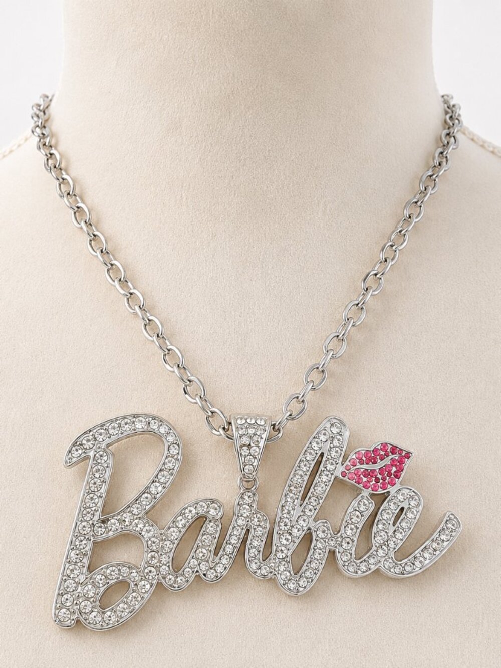 Barbie CZ Bling Statement Chain Nameplate with Lips Necklace Mattel 2023